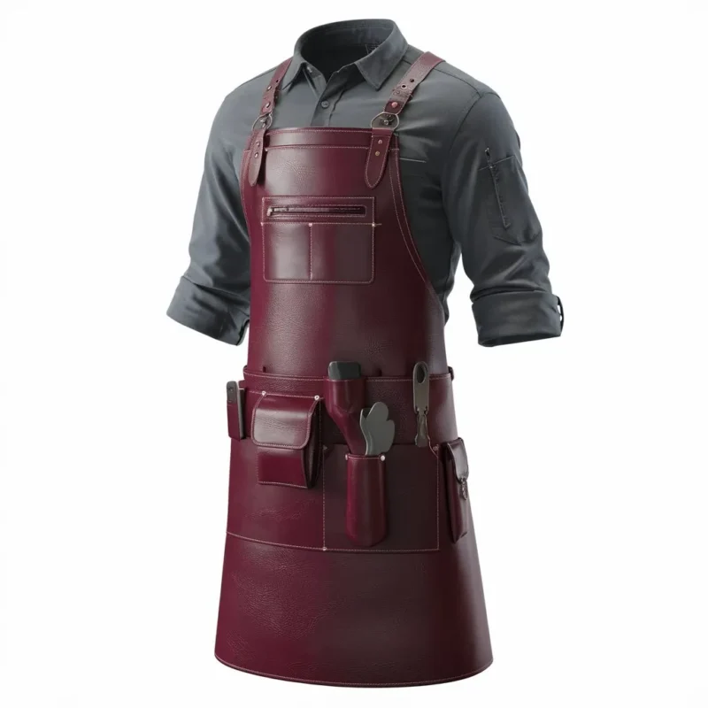 Men’s Rich Maroon Crazy Horse Leather Blacksmith Apron for Leather Apron Store